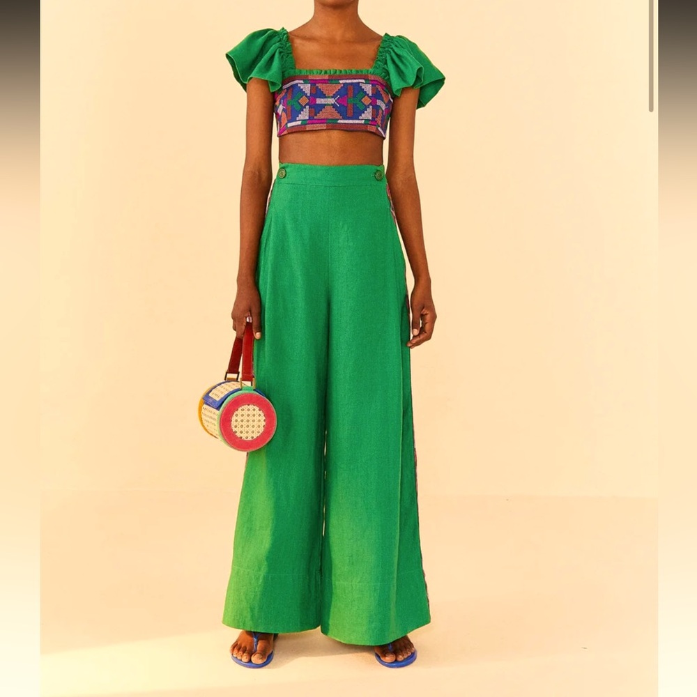 Farm Rio Embroidered Green Wide-Leg 100% Linen Pants Size M